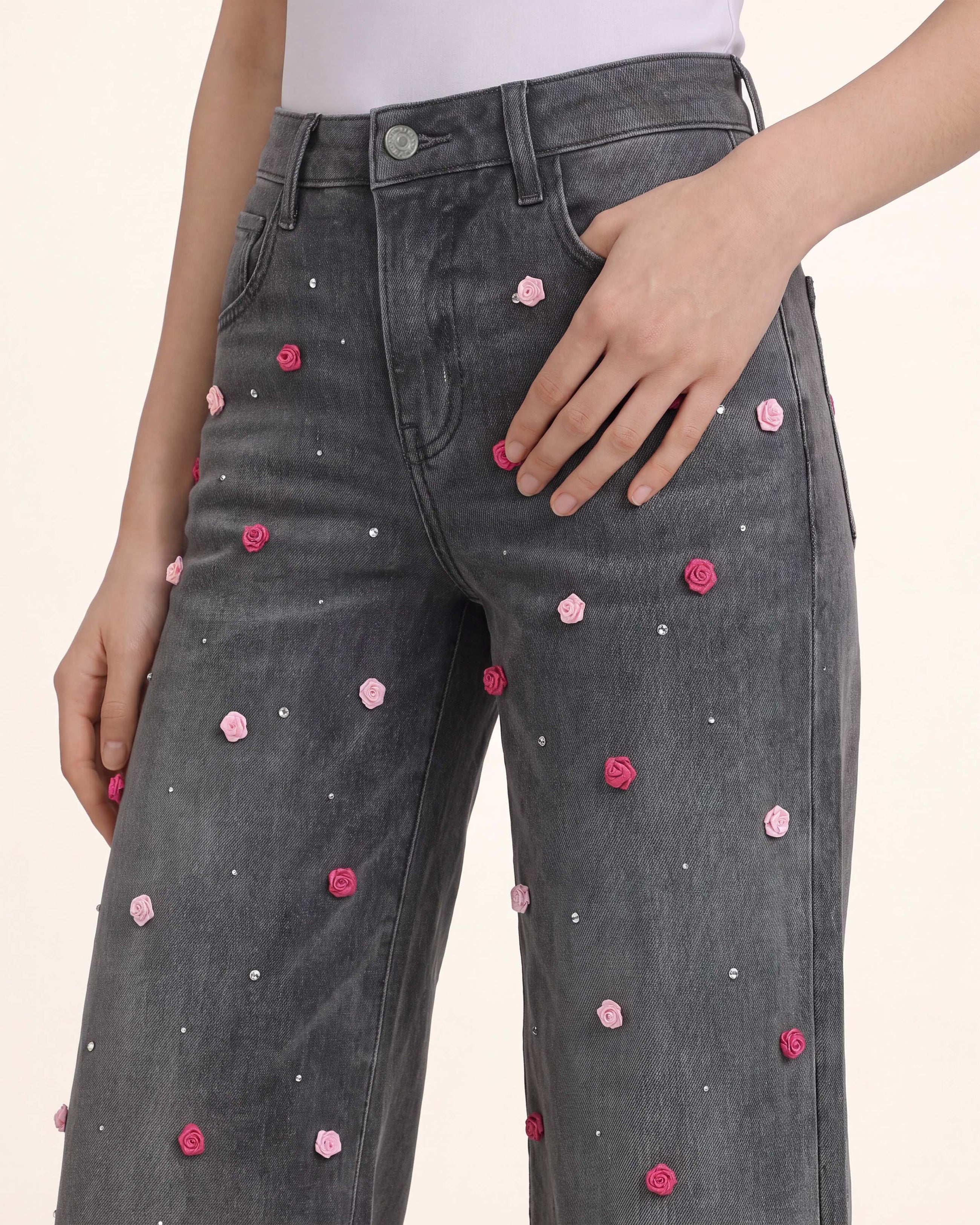 The Romantic Mini Rose Wide-Leg Jeans - Stormy Weather