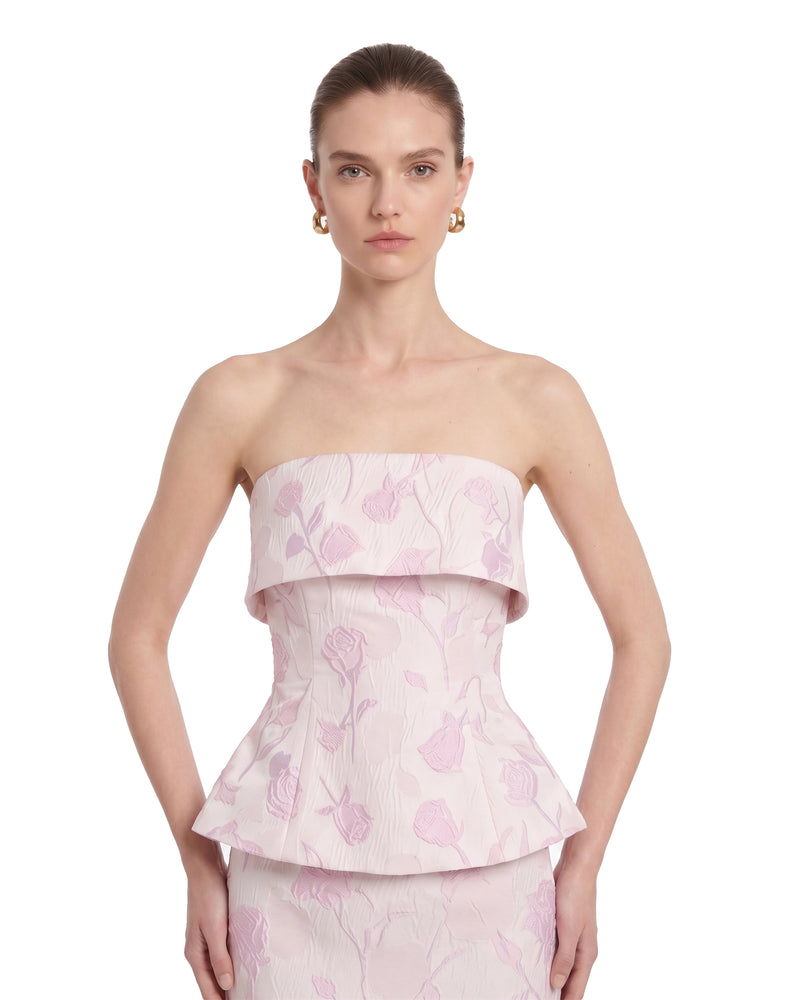 Floral Jacquard Strapless Peplum Top - Blush Pink