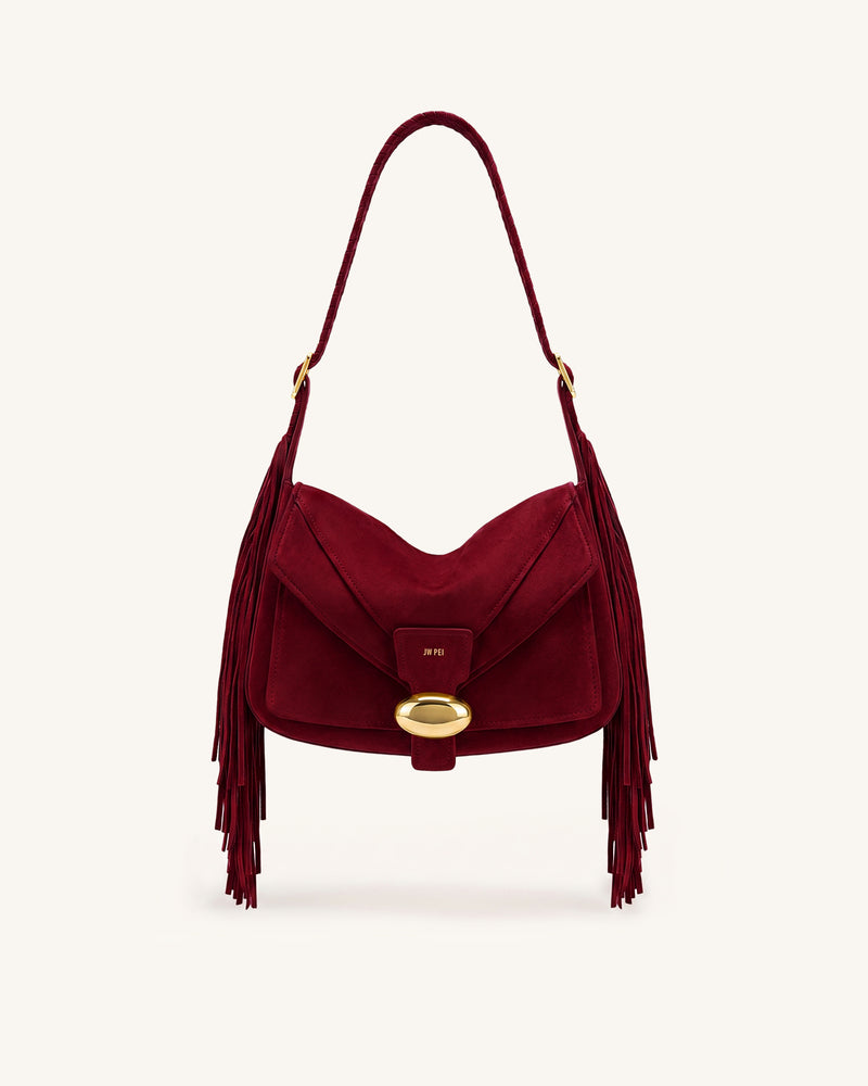 Avery Fringe Faux Suede Shoulder Bag - Burgundy