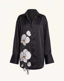 Orchid Embroidered Silk-Feel Button-Down Shirt - Black