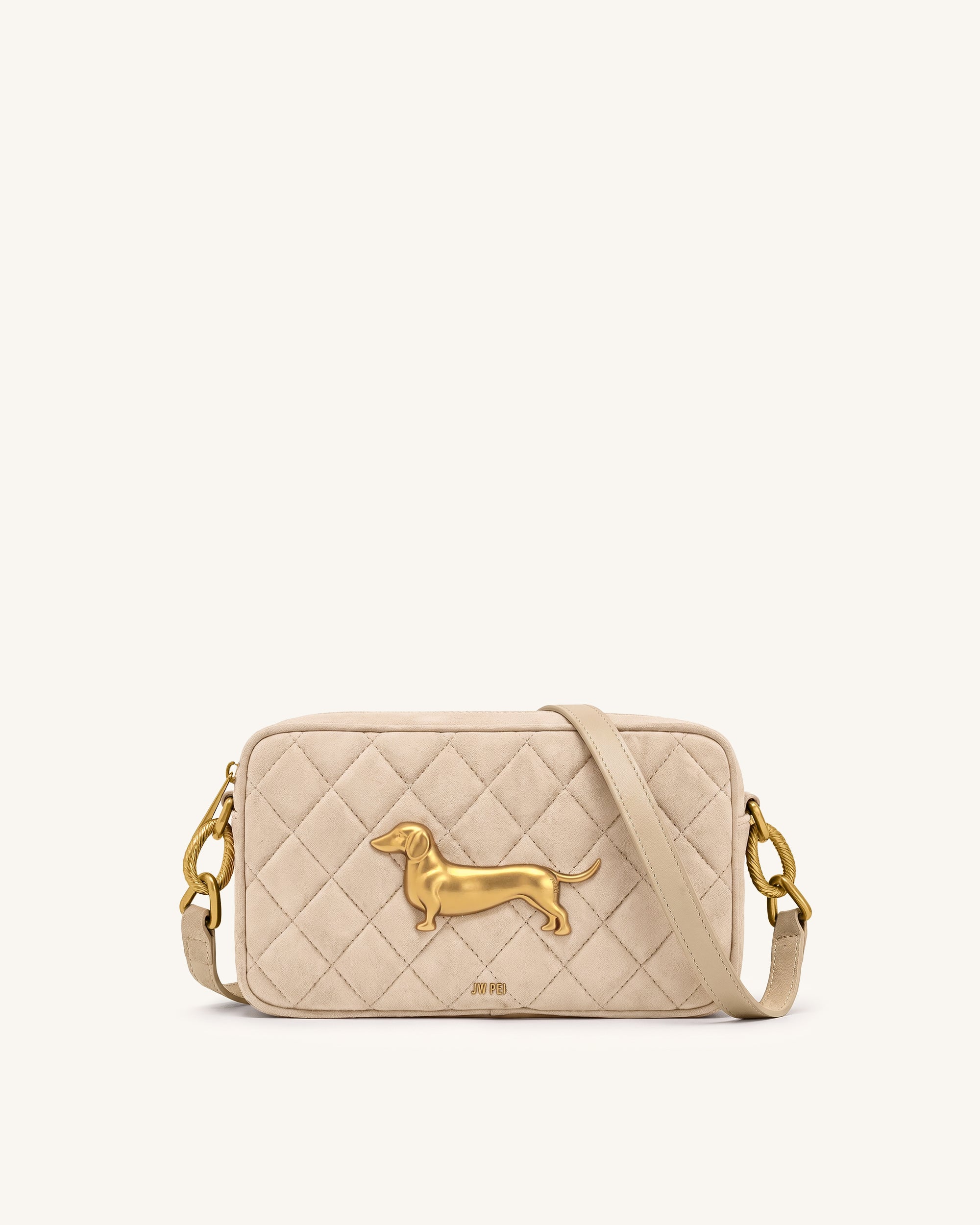 Riley Faux Suede Dachshund Quilted Shoulder Bag - Light Khaki