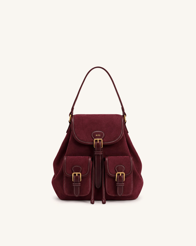 Harper Faux Suede Buckle Pocket Backpack - Burgundy