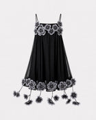 Floral Embroidered Drop-Trim Mini Dress - Black