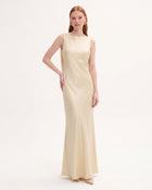 Tulip Appliqué Cowl-Back Satin Column Maxi Dress - Creamy Beige