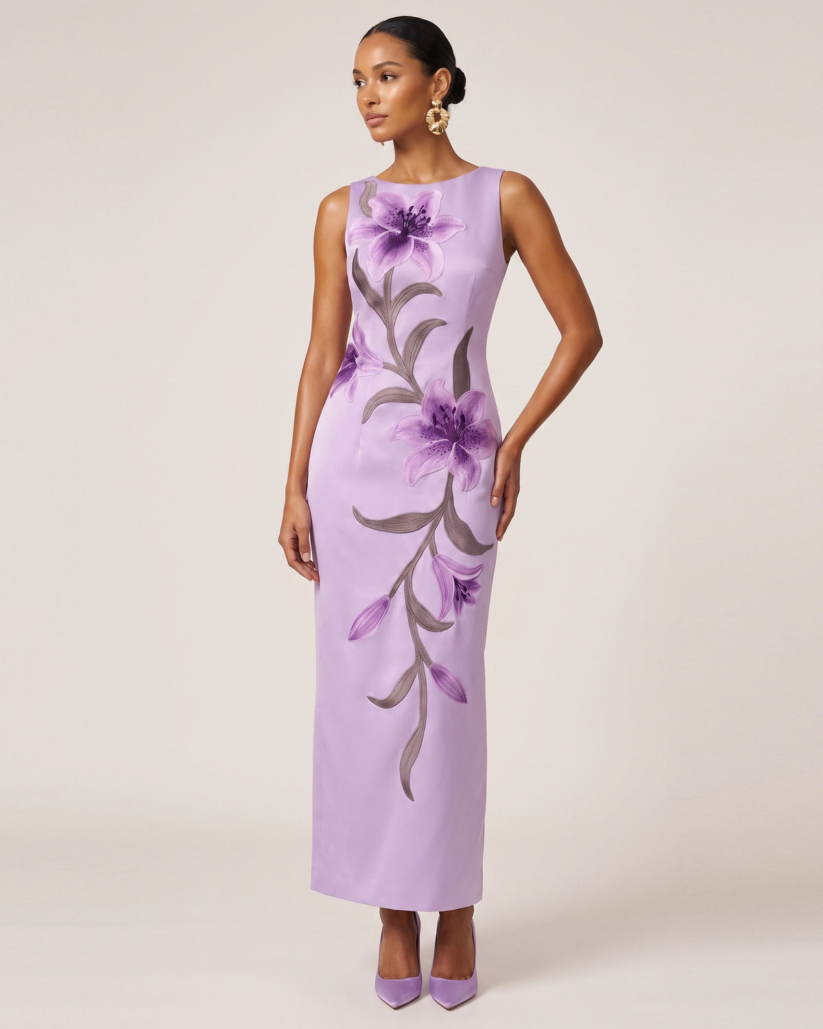 Lily Floral Print Sleeveless Column Maxi Dress - Light Purple