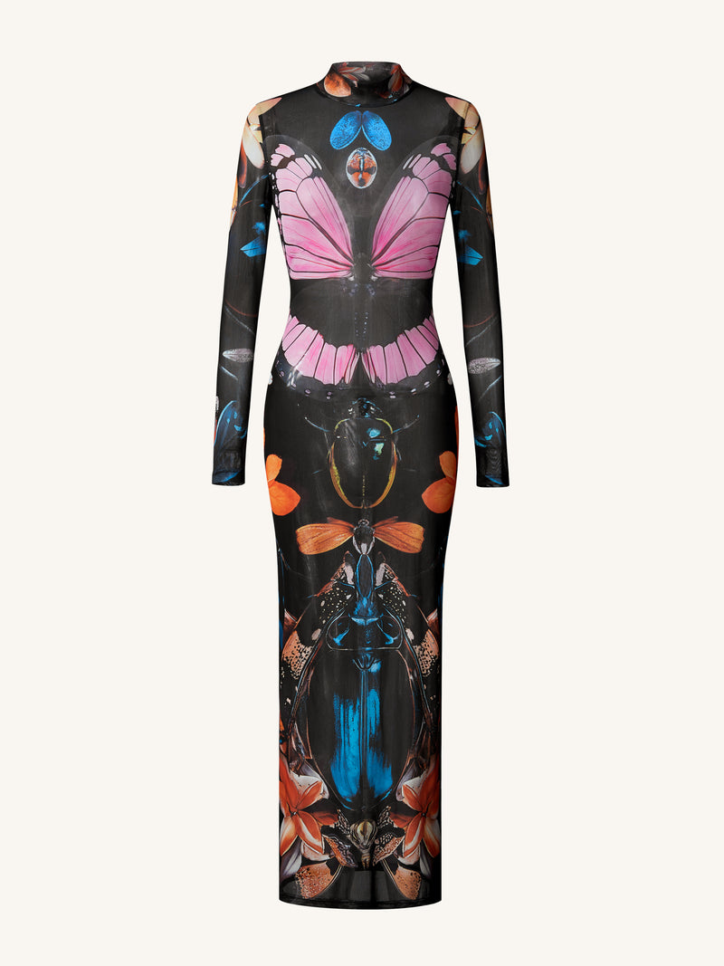 Sheer Butterfly and Beetle Gown - Multicolor