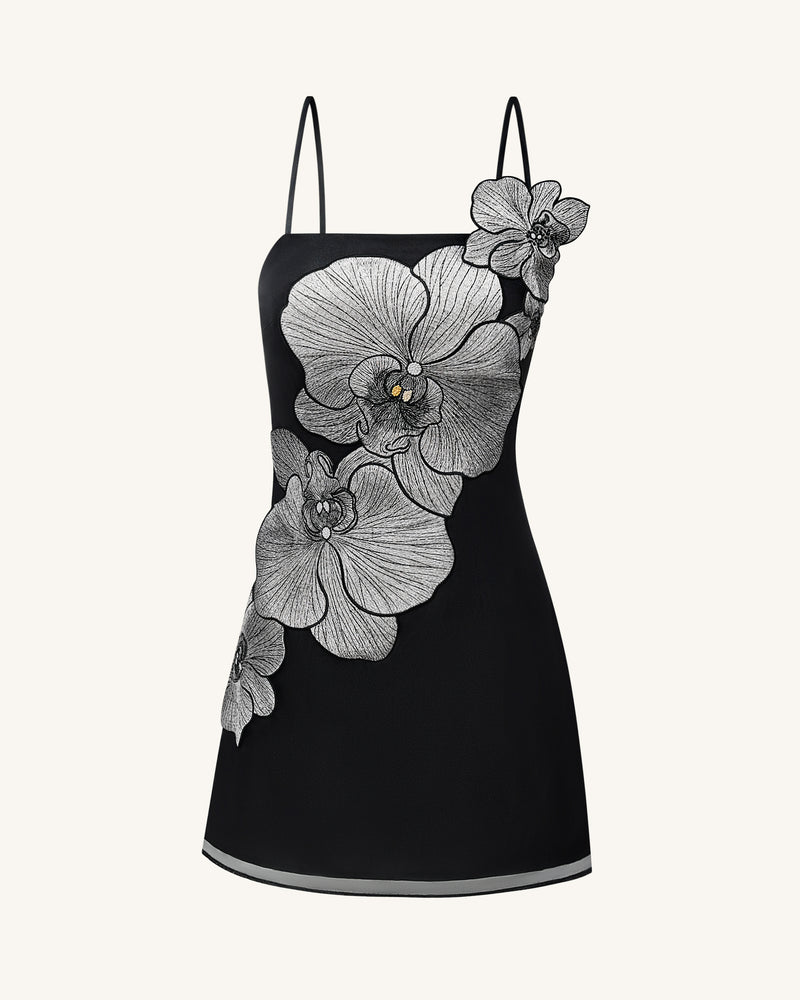 Orchid Appliqué Mini Dress - Black/Silver