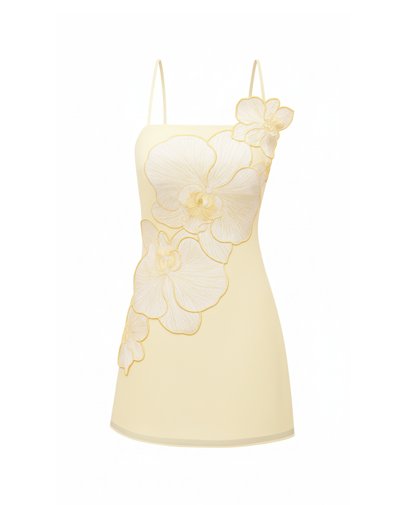 Orchid Appliqué Mini Dress - Butter Yellow