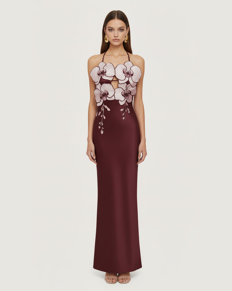 Orchid Embroidered Dress - Burgundy/Ivory