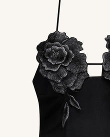 Flower Embroidered Mini Dress - Black