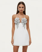 Flower Embroidered Mini Dress - White