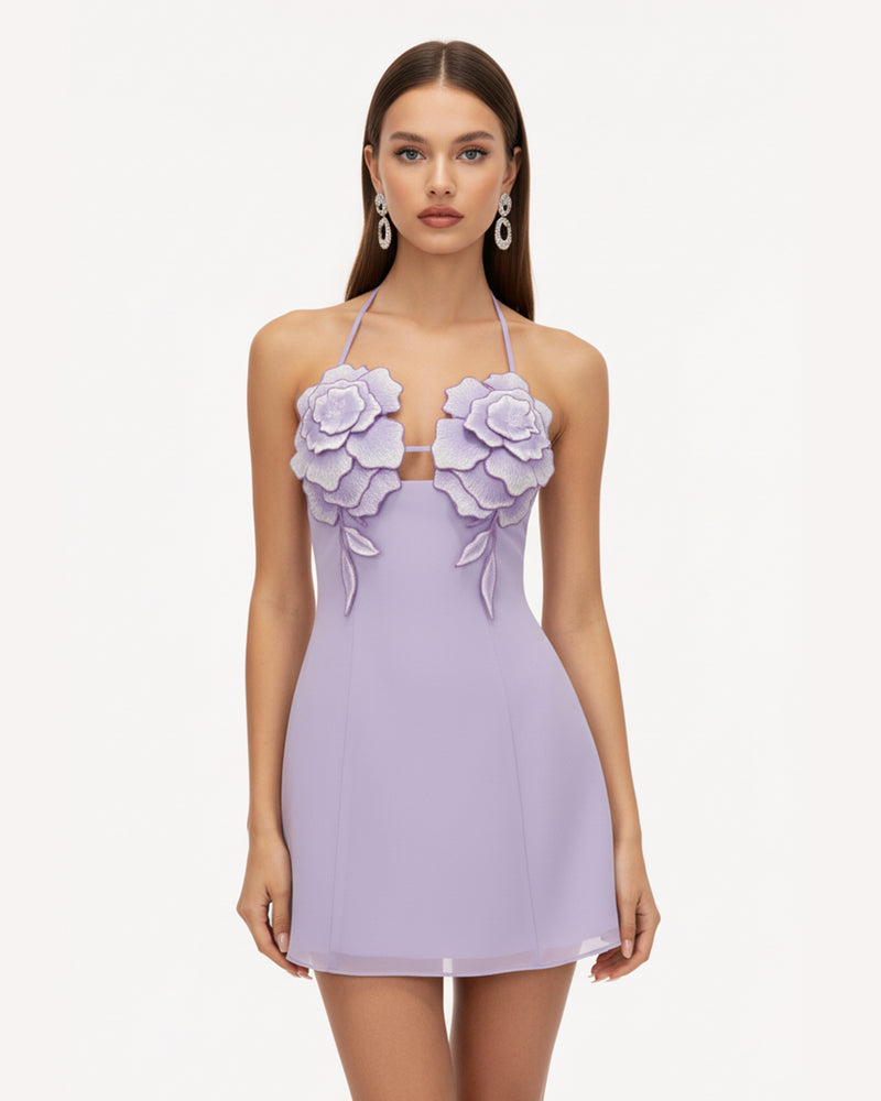 Flower Embroidered Mini Dress - Lavender