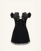 3D Floral Off-Shoulder Mini Dress - Black