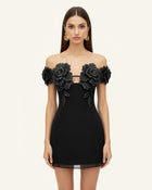 3D Floral Off-Shoulder Mini Dress - Black