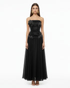 3D Floral Strapless Maxi Dress - Black