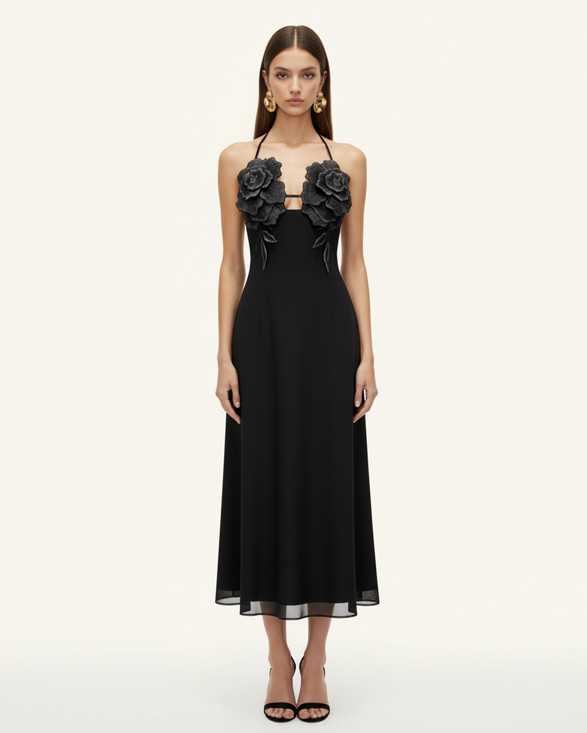 3D Floral Halter Maxi Dress - Black