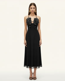 3D Floral Halter Maxi Dress - Black