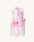 Mini Dress with Pink Floral Appliqués - White/Pink