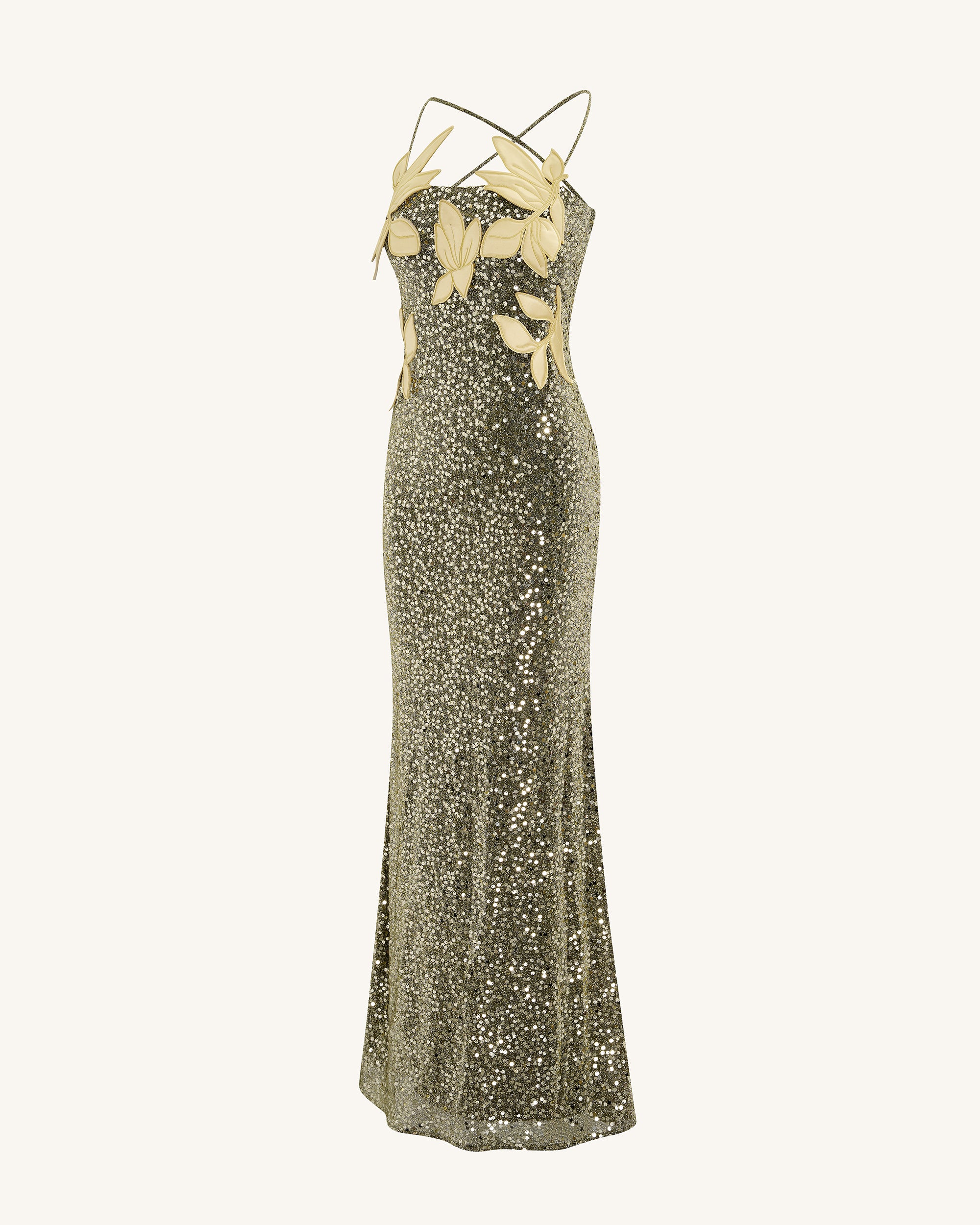 Araminta Sequined Gown with Floral Details - Gold