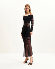 Emily Elegant Off-Shoulder Ruched Gown - Black