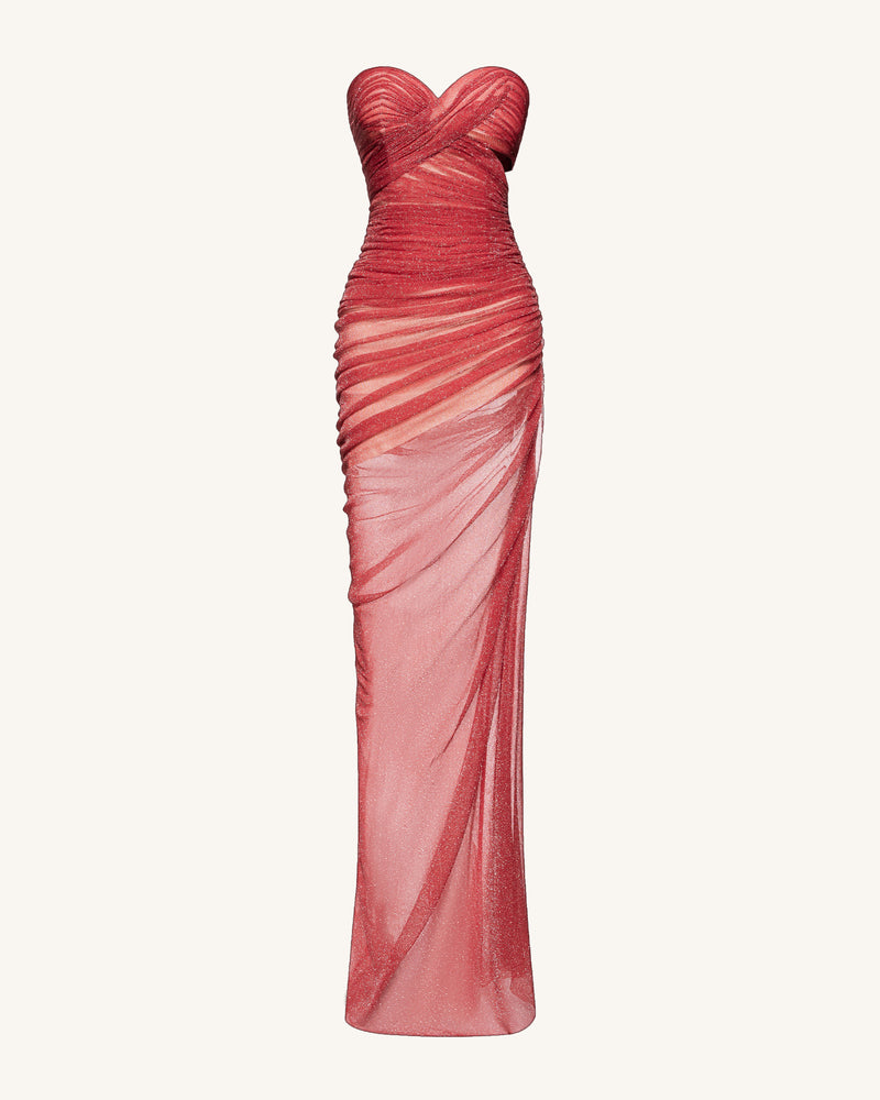 Mia Strapless Sheer Glitter Gown - Scarlet
