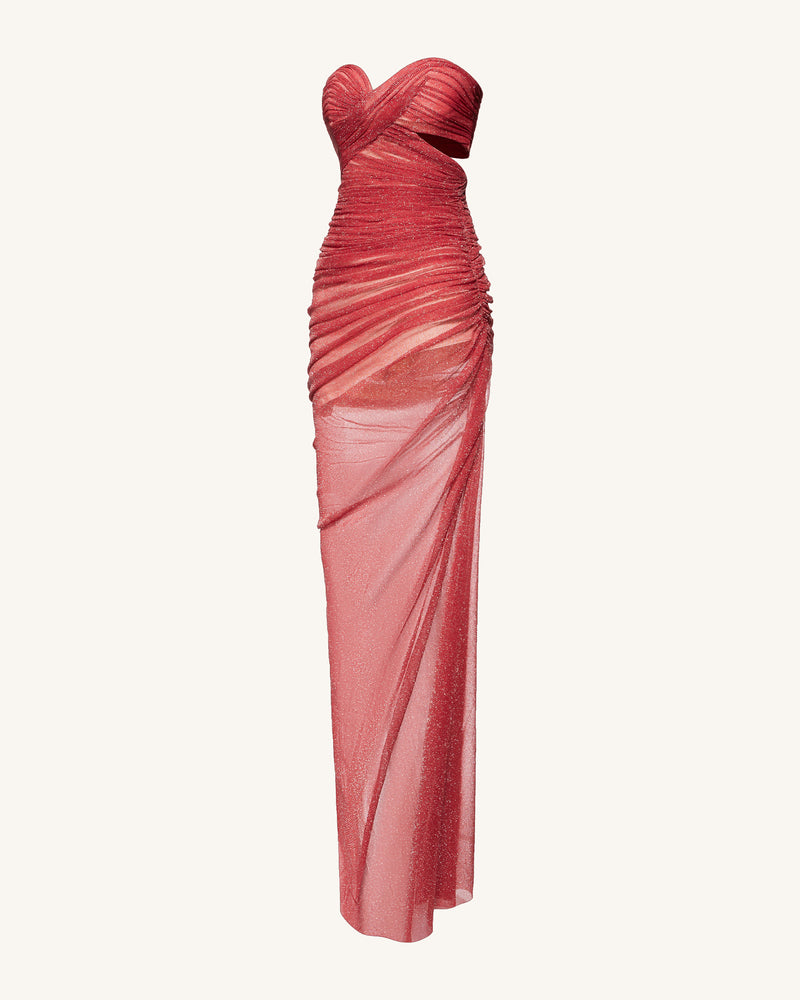 Mia Strapless Sheer Glitter Gown - Scarlet