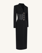 Sheer Boned Corset Waist Blazer Maxi Dress - Black
