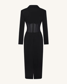 Sheer Boned Corset Waist Blazer Maxi Dress - Black