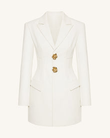 Gold Button Fitted Blazer Dress – White