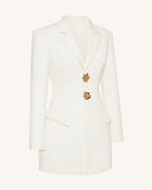 Gold Button Fitted Blazer Dress – White