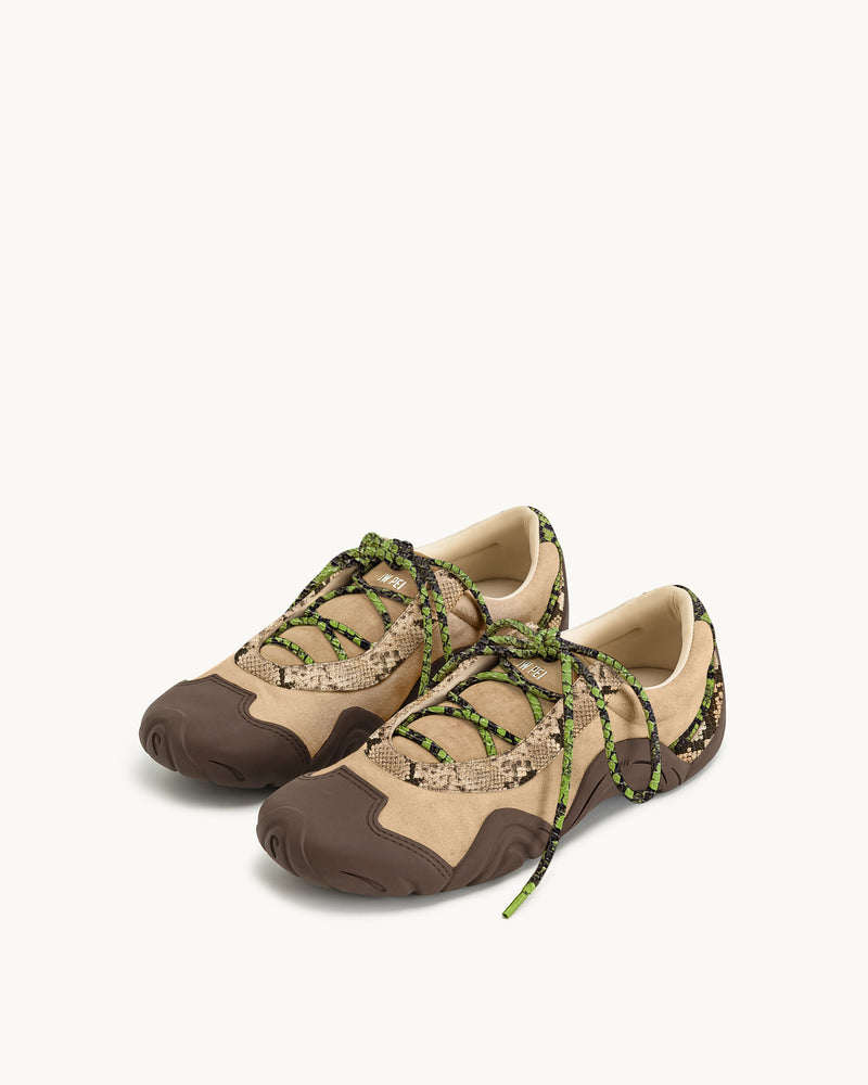 Caitlin Faux Suede Lace-up Ballerina Sneakers - Faux Snake Trim Light Brown