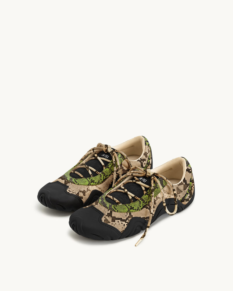 Caitlin Snake-Embossed Lace-up Ballerina Sneakers - Green & Black