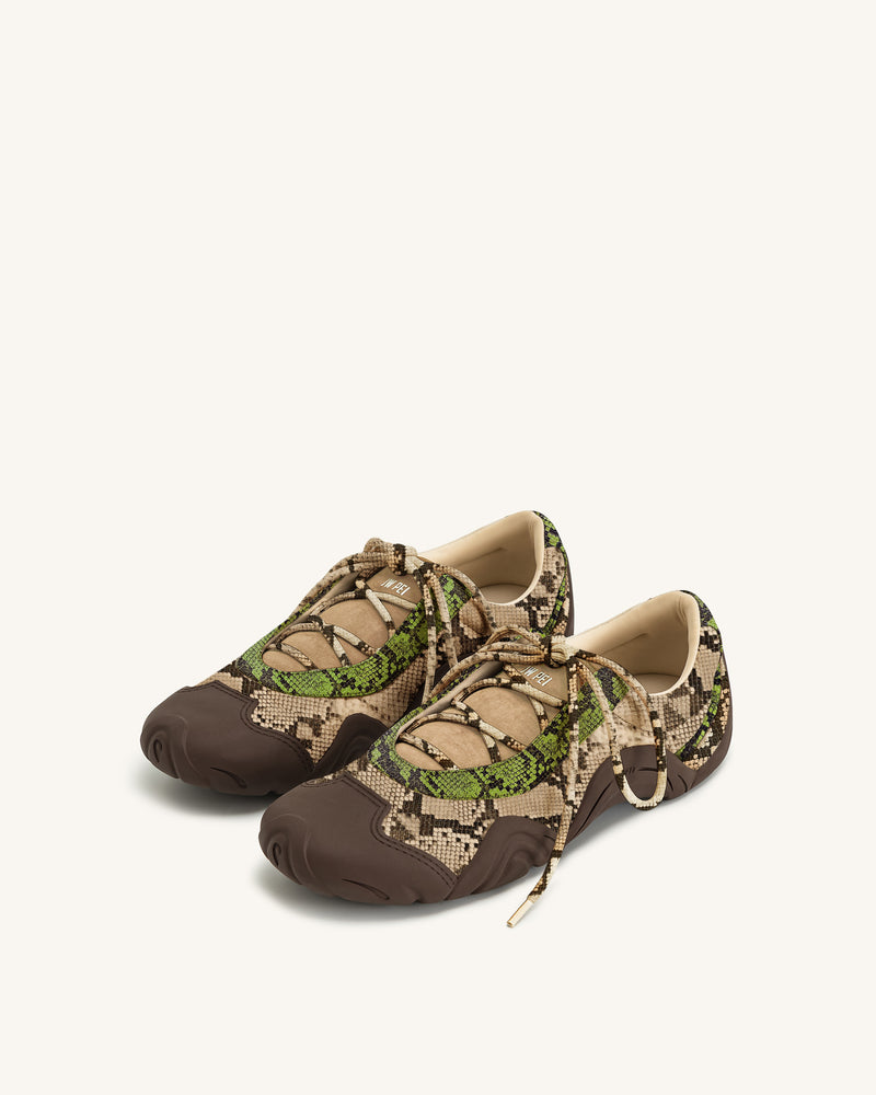 Caitlin Snake-Embossed Lace-up Ballerina Sneakers - Green & Light Brown