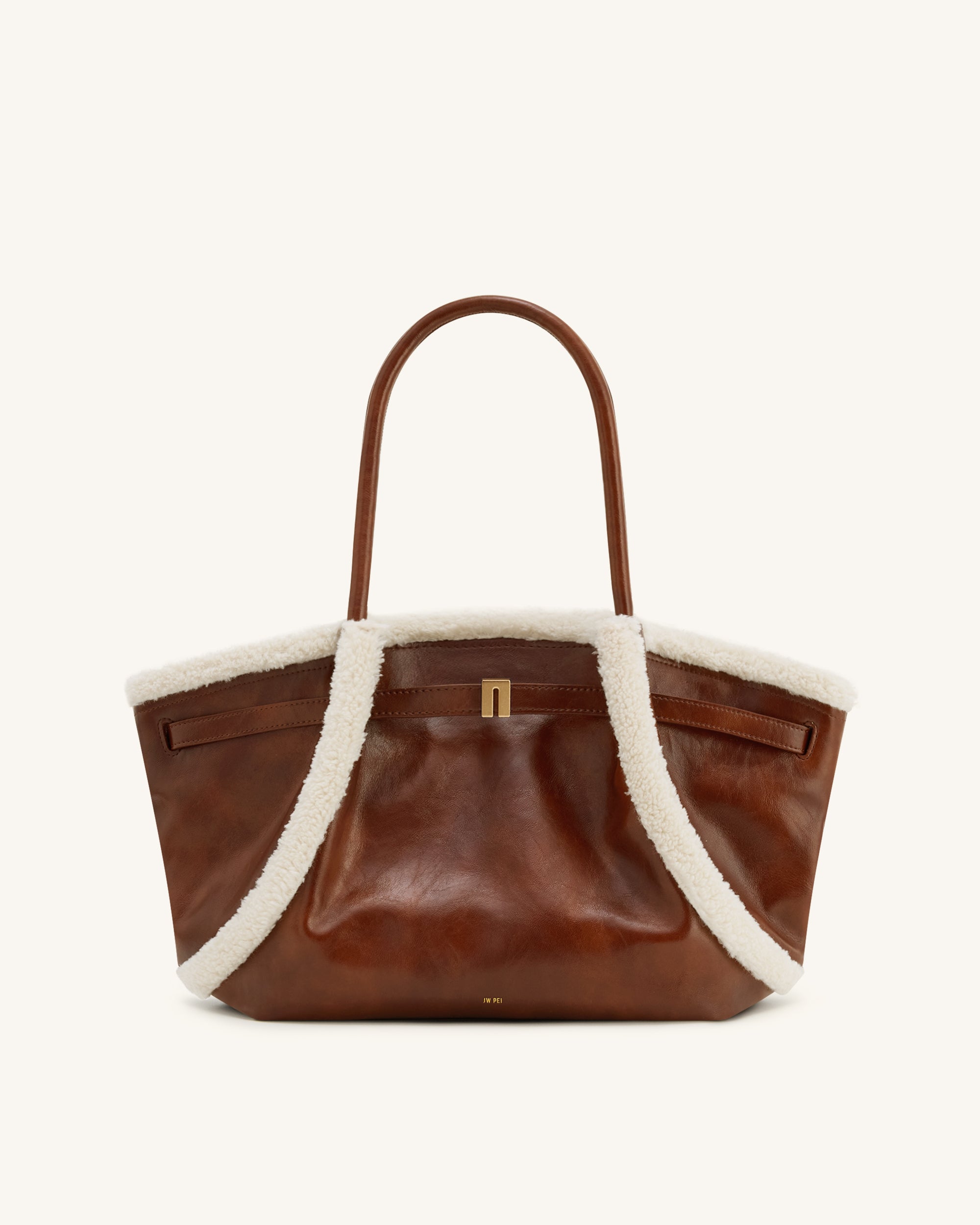 Hana✿* Hana Medium Faux Shearling Trim Tote Bag - Brown | JW PEI