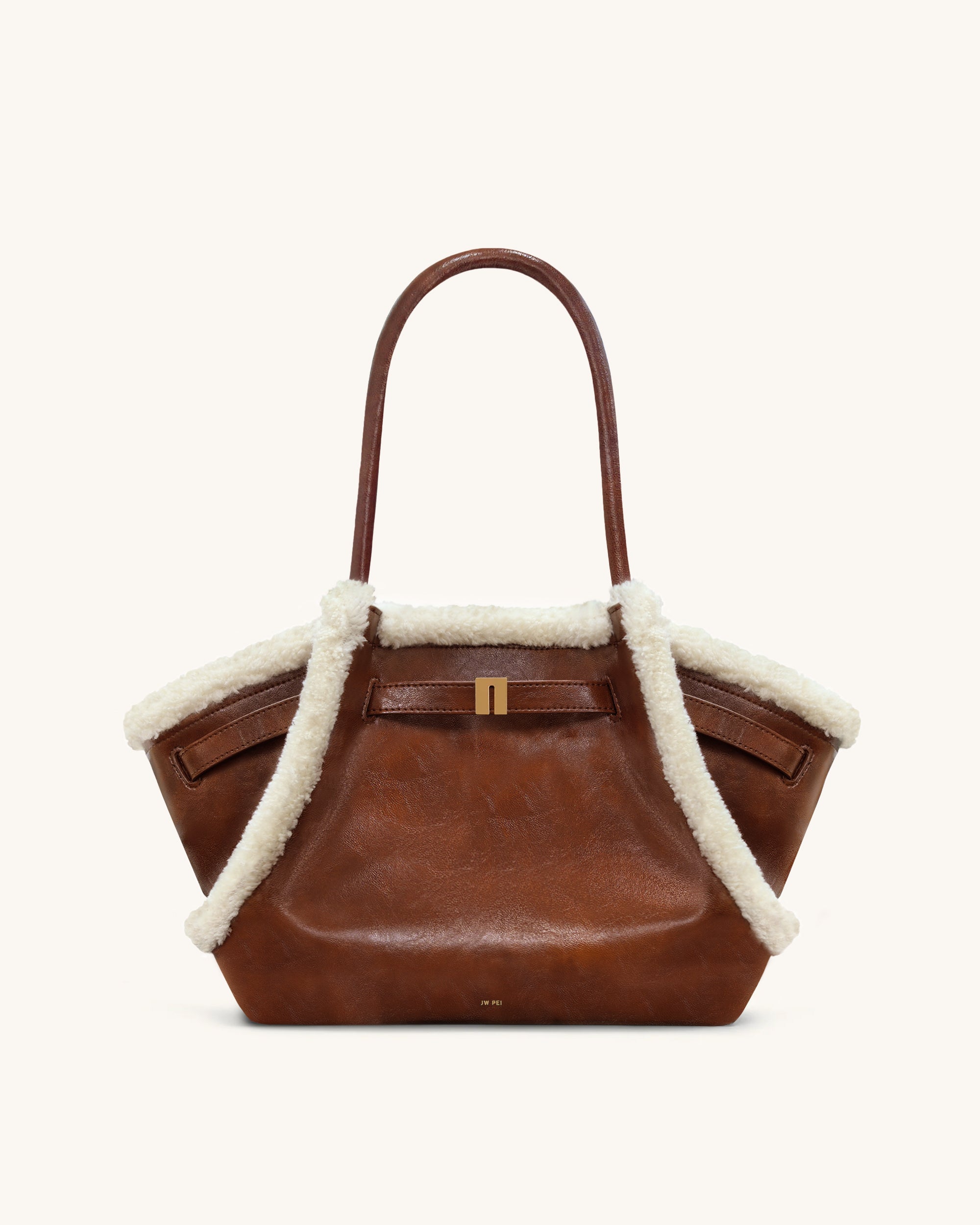 Hana Medium Faux Shearling Trim Tote Bag - Brown