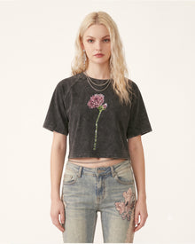 Rhinestone Rose Distressed Raglan Cropped Tee - Faded Obsidian