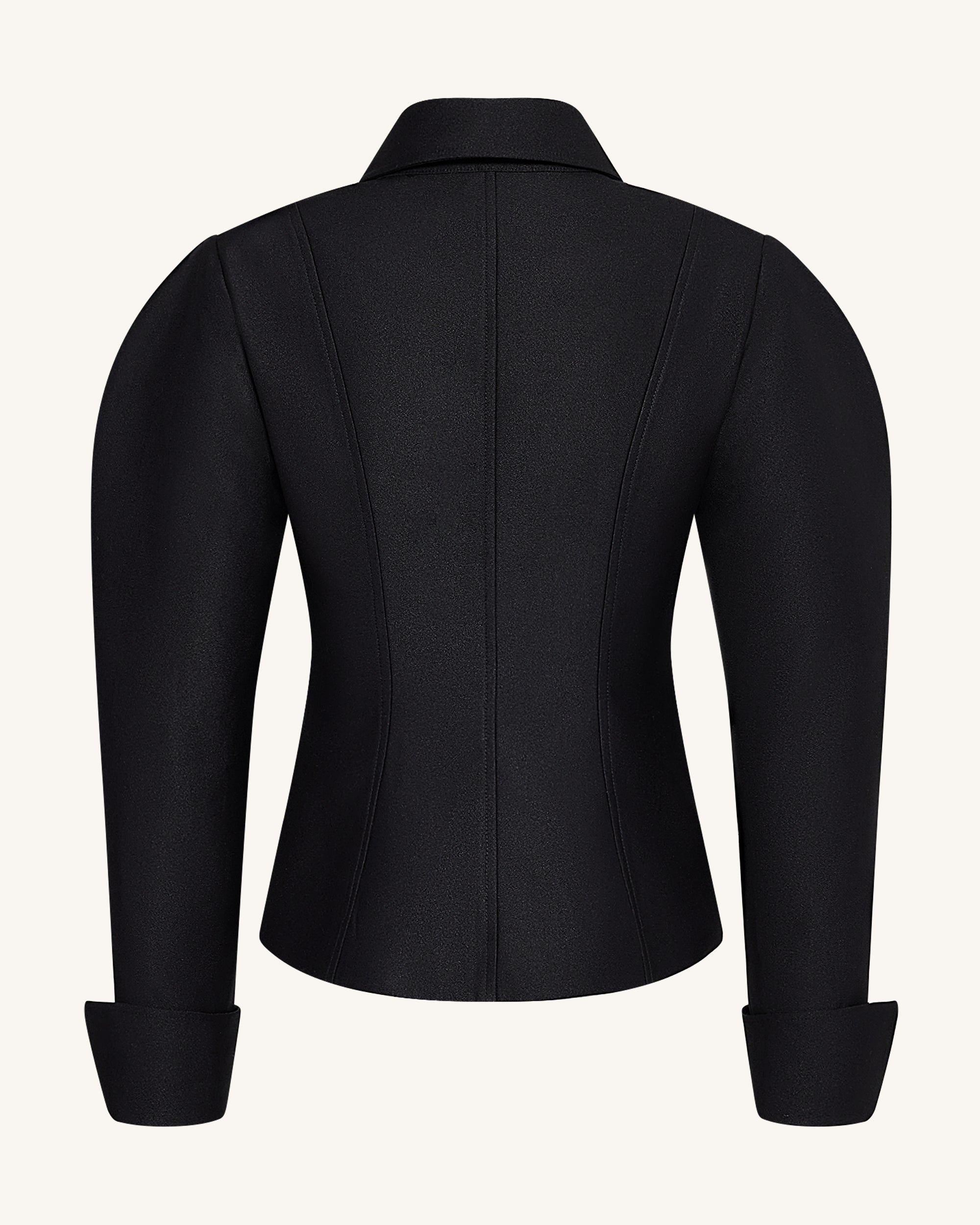 Scalloped Placket Leg of Mutton Blazer - Black