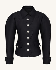 Scalloped Placket Leg of Mutton Blazer - Black