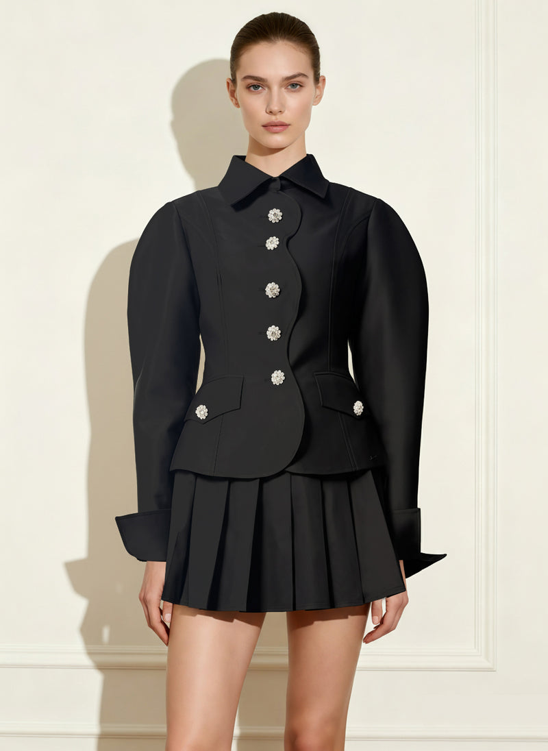 Scalloped Placket Leg of Mutton Blazer - Black