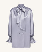 Ribbon Tie Balloon Sleeve Longline Blazer - Silver