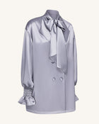 Ribbon Tie Balloon Sleeve Longline Blazer - Silver