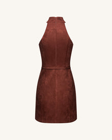 Faux Suede Halter Neck Zip-Front Mini Dress - Burgundy
