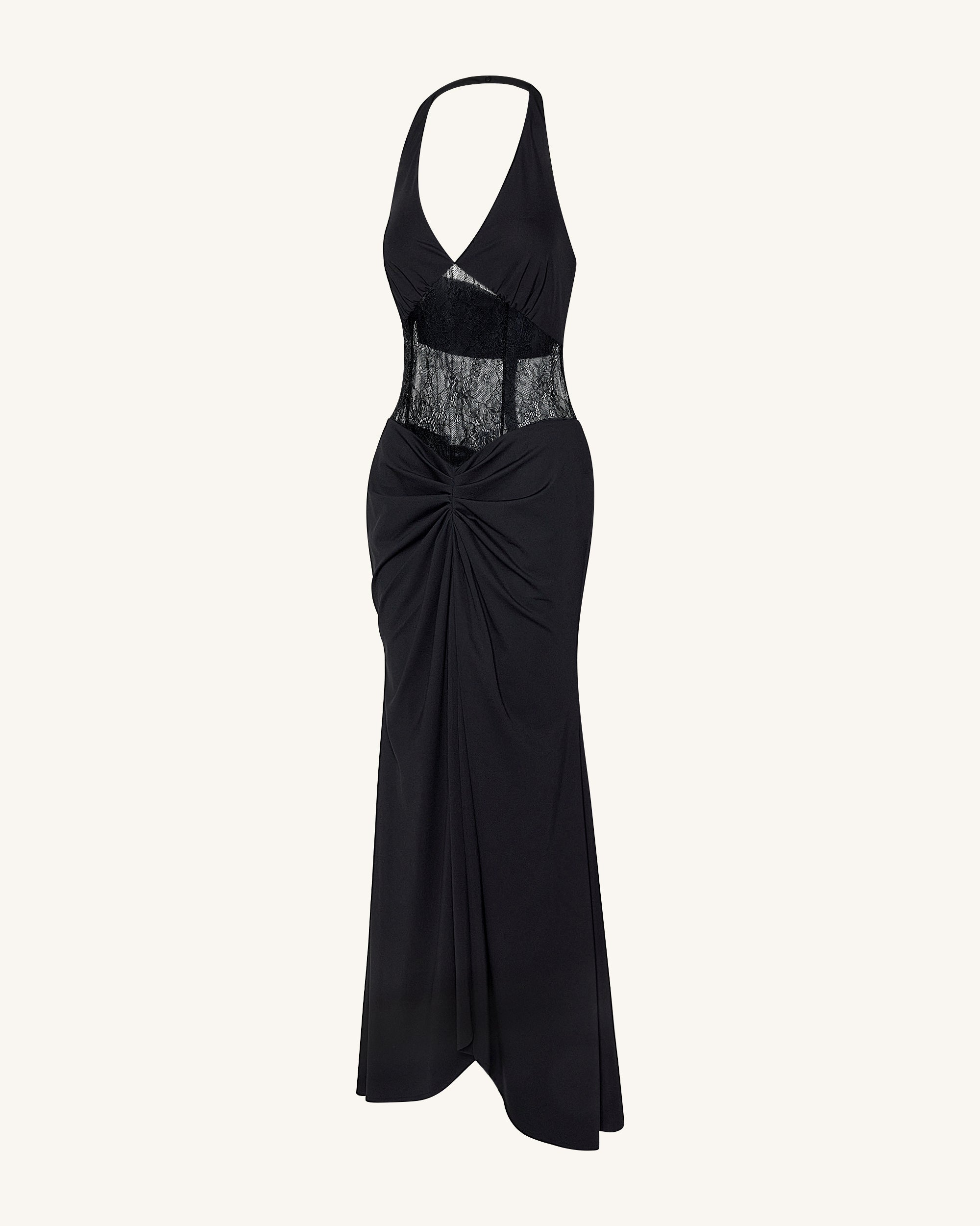 Ruched Lace Panel Maxi Dress - Black