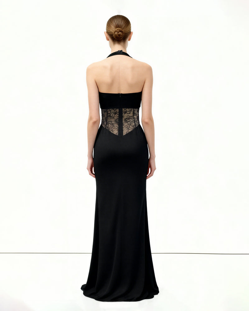 Ruched Lace Panel Maxi Dress - Black