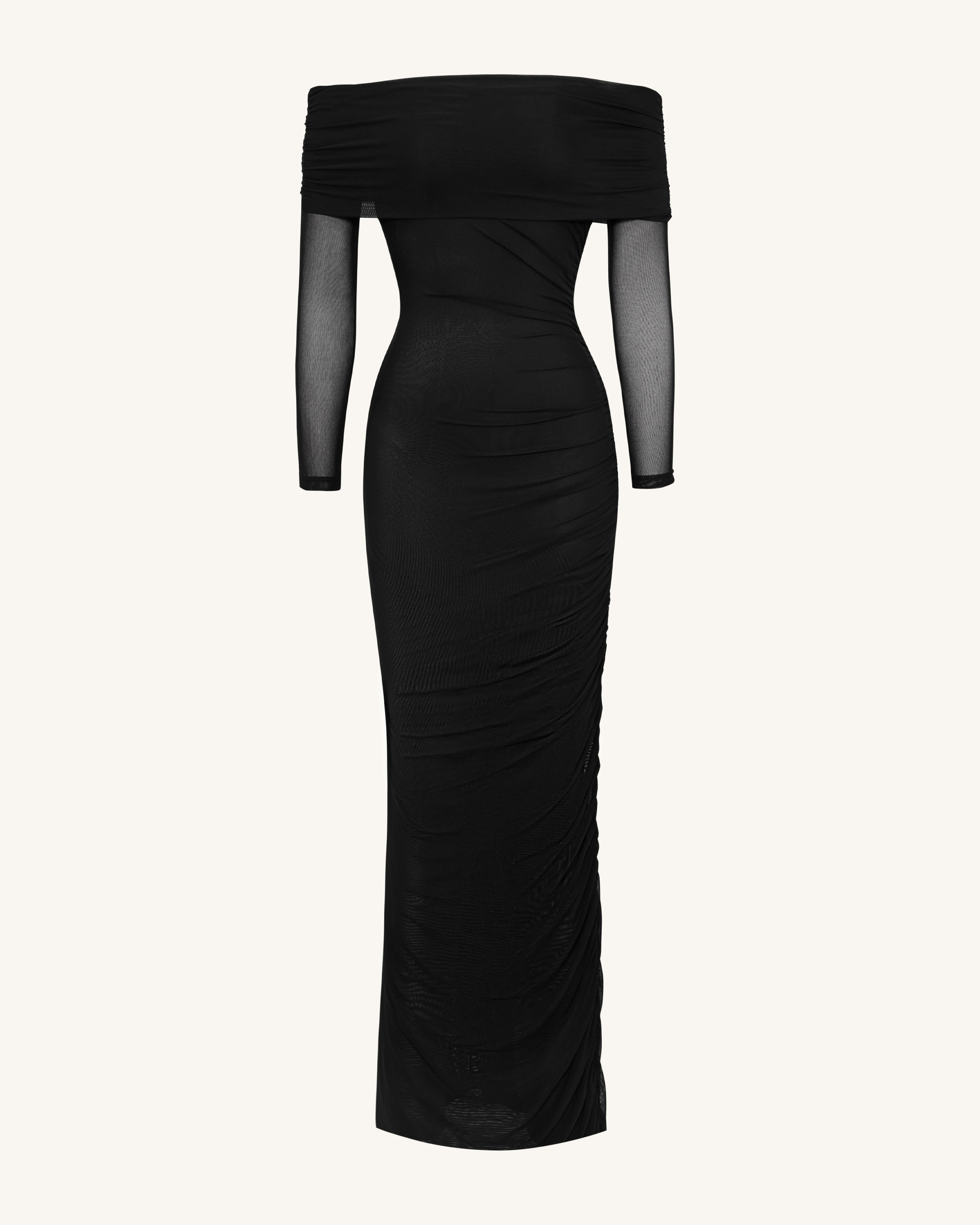 Ruched Off-Shoulder Mesh-Sleeve Mermaid Maxi Dress - Black