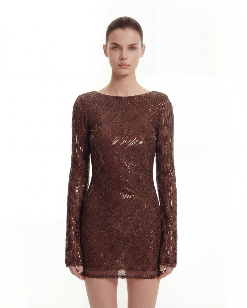 Diagonal Sequin Open-Back Long Sleeve Mini Dress - Brown
