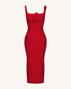 3D Floral Appliqué Square-Neck Sheath Midaxi Dress - Red