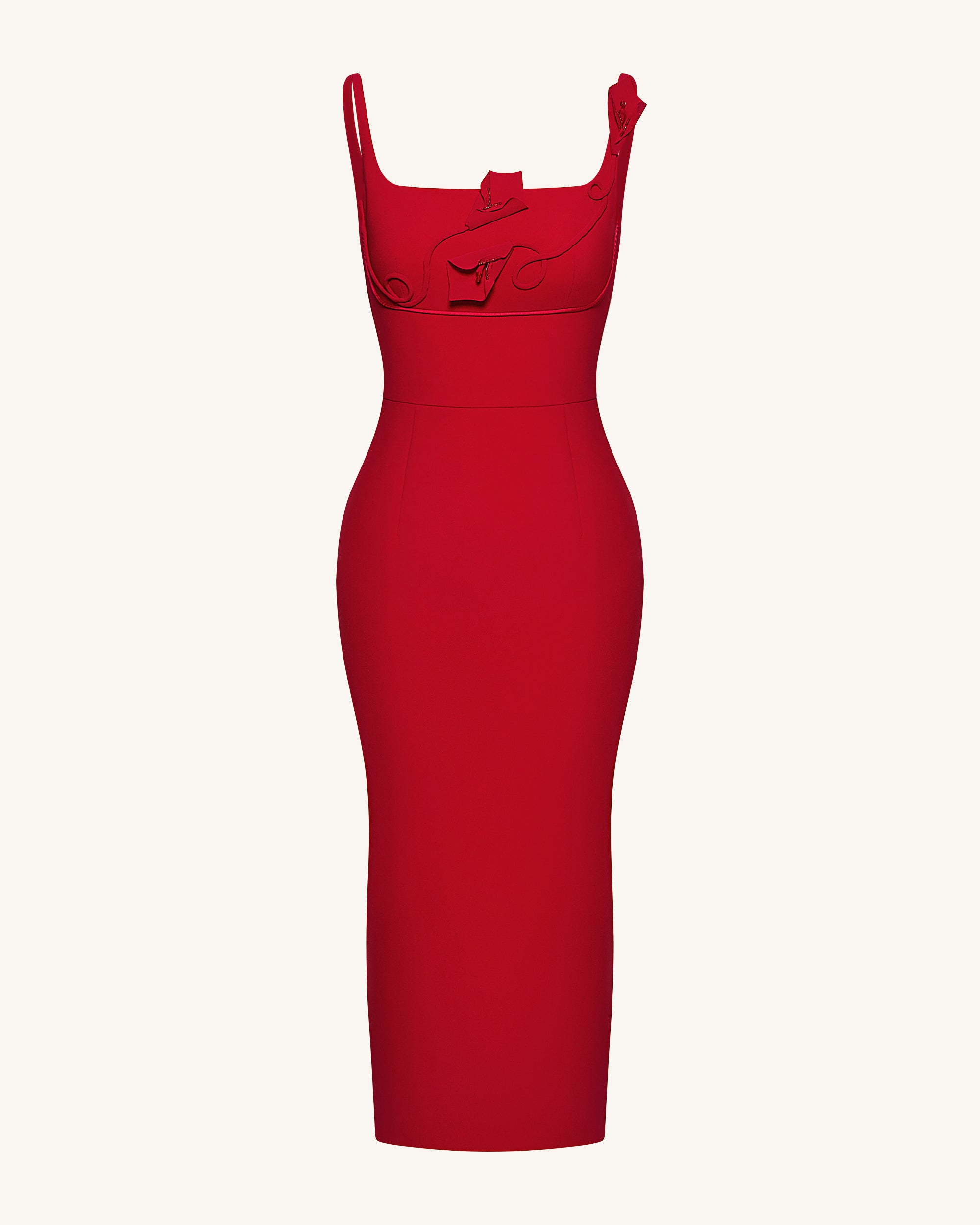 3D Floral Appliqué Square-Neck Sheath Midaxi Dress - Red