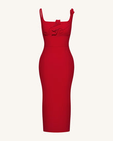 3D Floral Appliqué Square-Neck Sheath Midaxi Dress - Red