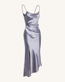 Liquid Satin Cowl-Slit Gown - Silver